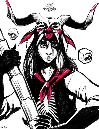 35€: Halfbody, rough experimental, items, colour highlights.