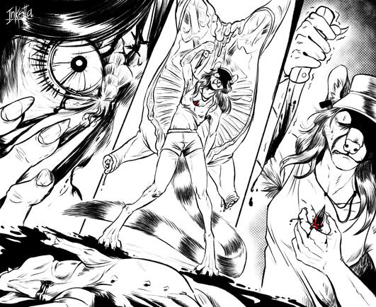 100€: Full composition, comic-style, mini colour highlights.